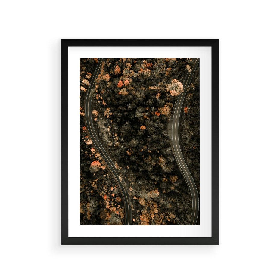 Plakat w ramie 30x40 - Las i Droga w Kolorach Jesieni - droga, ujęcie z góry - rama czarna