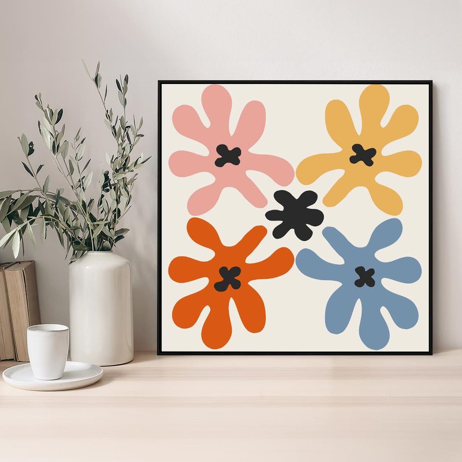 Obraz w ramie 50x50 - Taniec Akwareli - abstrakcyjne wielokolorowe kwiaty, minimalizm - rama czarna