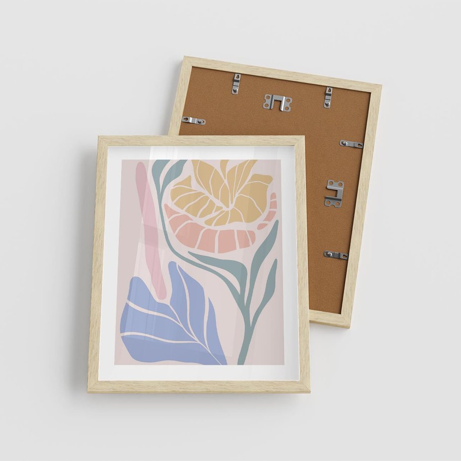 Plakat w ramie 40x50 - Wyjątkowe Ukojenie - pastelowe kwiaty, na beżowym tle - rama drewno