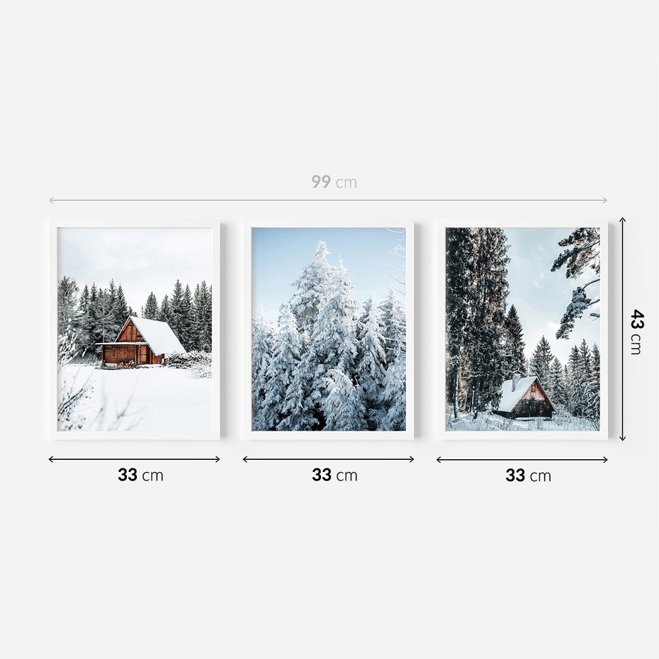 Zestaw obrazy w ramie 30x40 galeria - Las, zima, domki, śnieg - rama biała