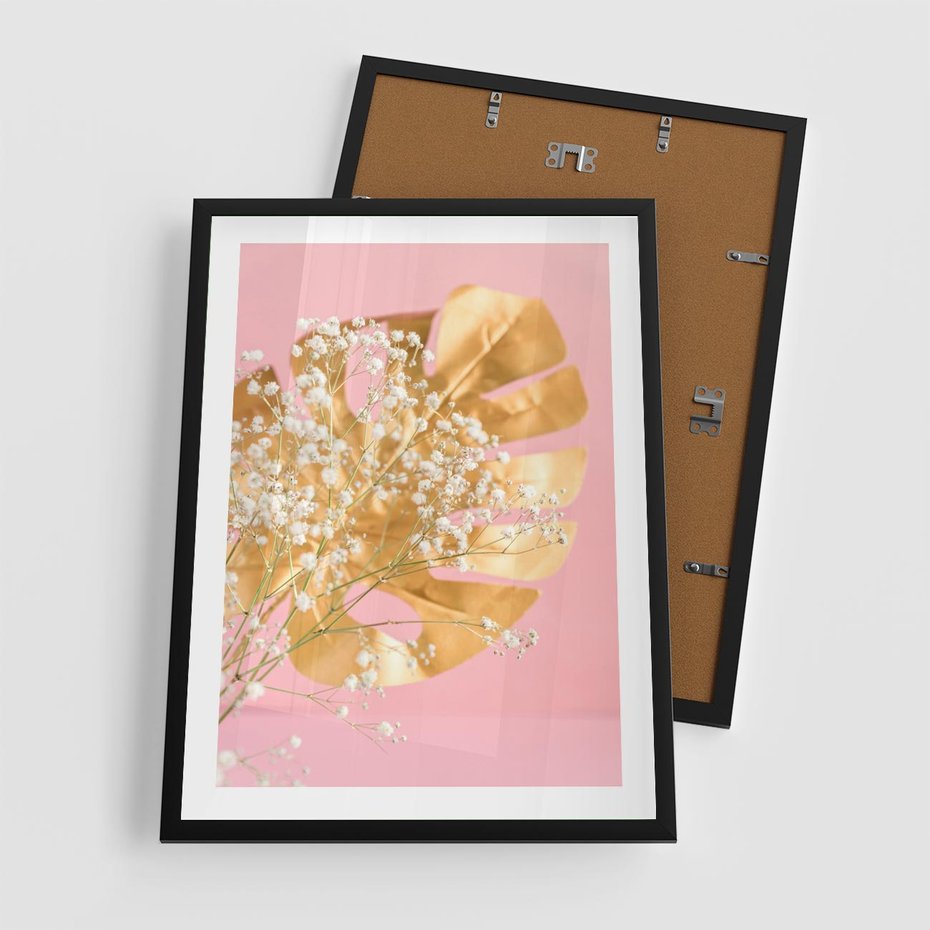 Plakat w ramie 50x70 - : Elegancja w Złocie - złote, liście - rama czarna