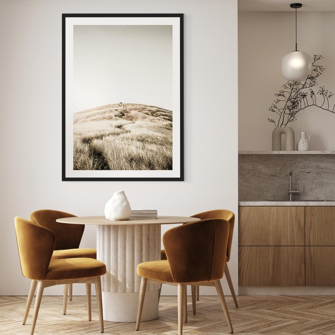 Plakat w ramie 50x70 - Wzgórze w Odcieniach Sepii - wzgórze, trawy - rama czarna