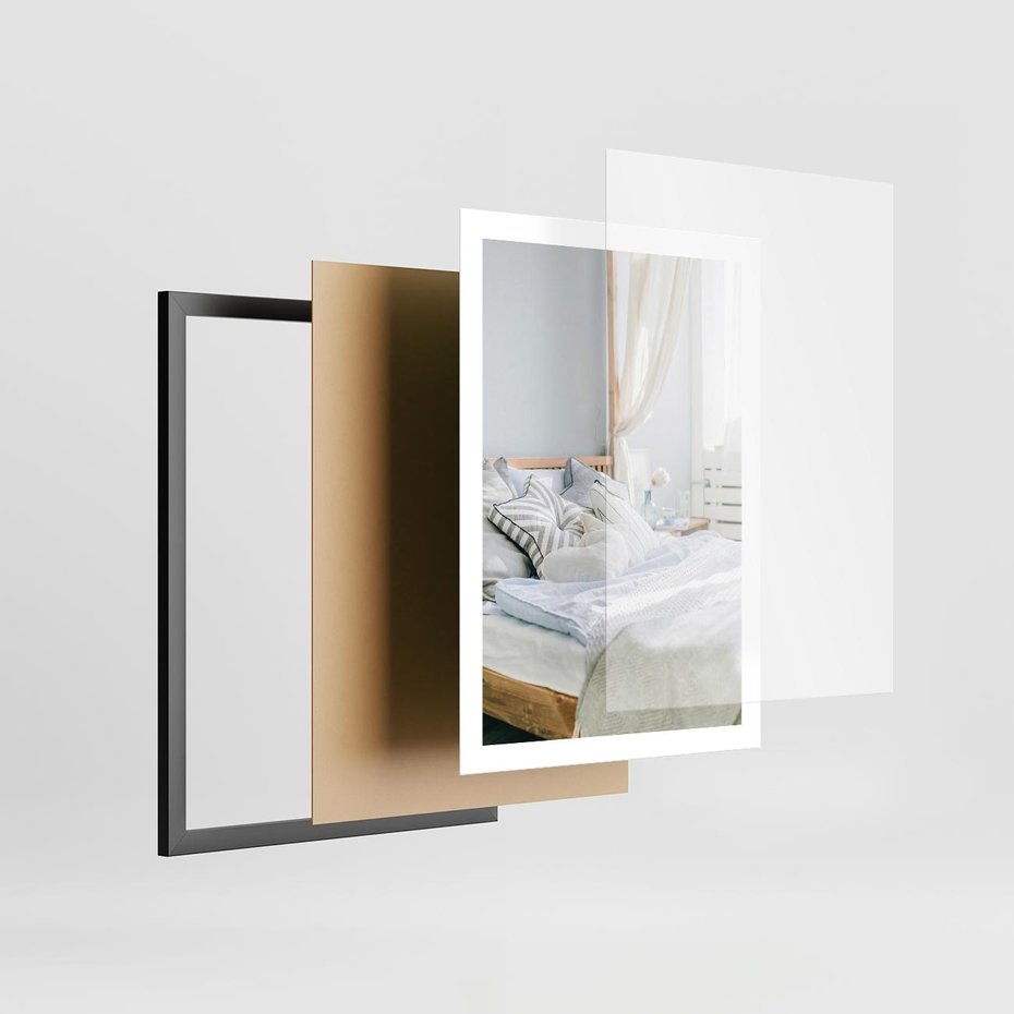 Plakat w ramie 50x70 - Relaks w Sypialni: Jasne Kolory - zdjęcie sypialni, łóżko - rama czarna