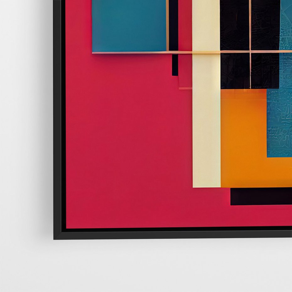 Obraz w ramie 70x100 - Przejście przez labirynt myśli - kolorowa abstrakcja, instalacja z prostokątów i lini - rama czarna