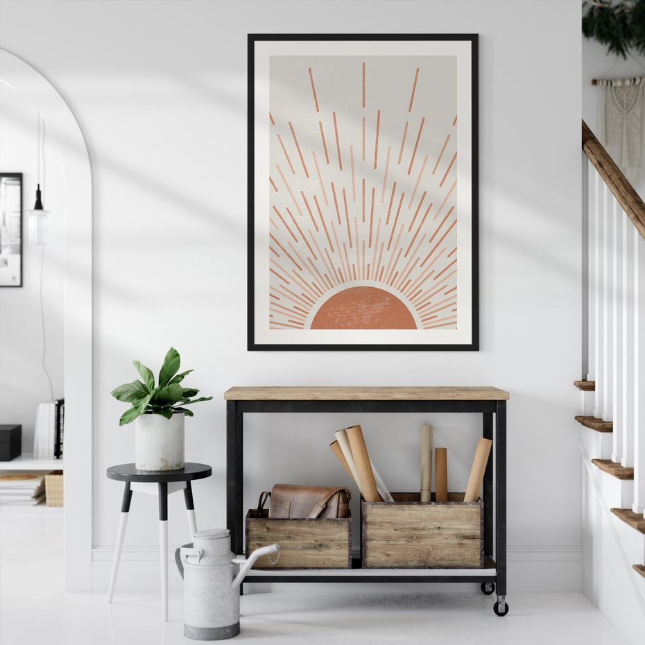 Plakat w ramie 50x70 - Słońce w Stylu Boho - słońce, grafika boho - rama czarna