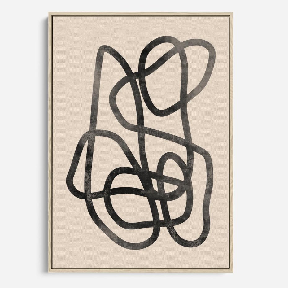 Obraz w ramie 70x100 - Przenikanie Wirtualnych Wymiarów - zaplątane minimalistyczne linie, na bezowym tle - rama drewno