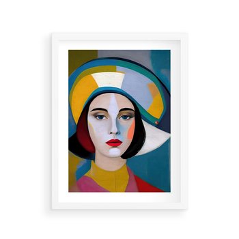 Plakat w ramie 50x70 - Kształtujące Widzenia - abstrakcyjny obraz olejny, portret twarzy kobiety - rama biała