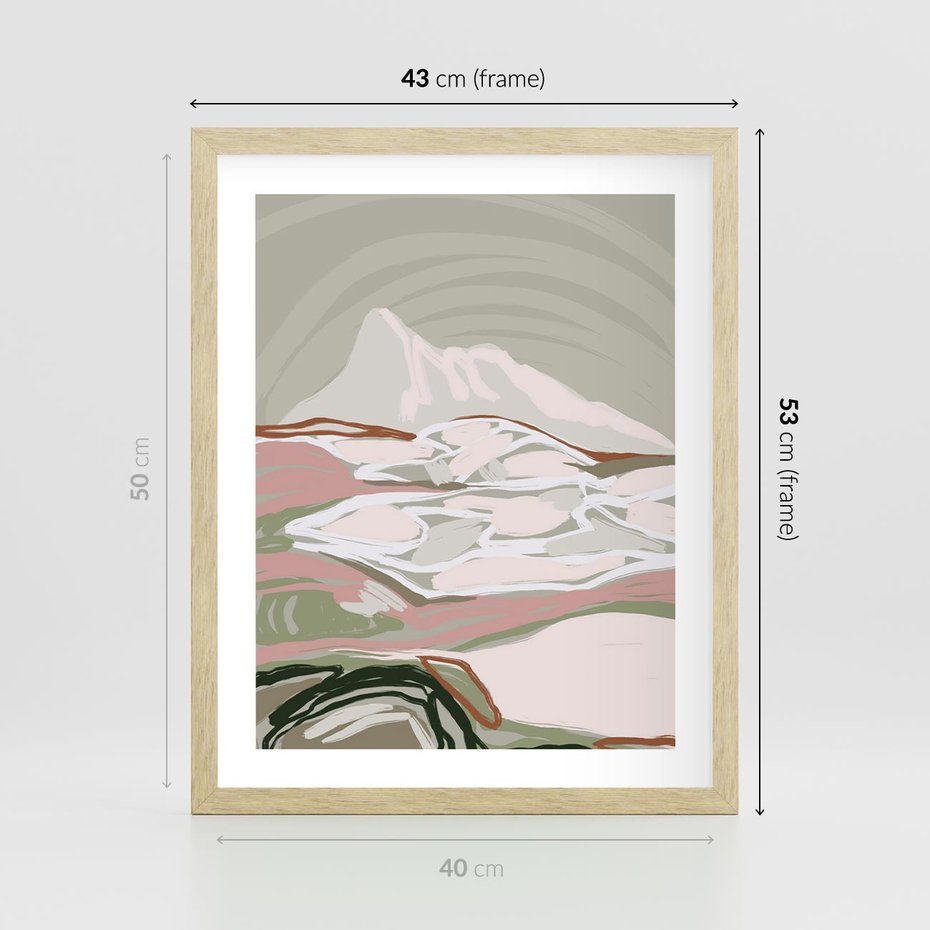 Plakat w ramie 40x50 - Szarawe Wzgórza - pastelowy krajobraz, nowoczesny plakat - rama drewno