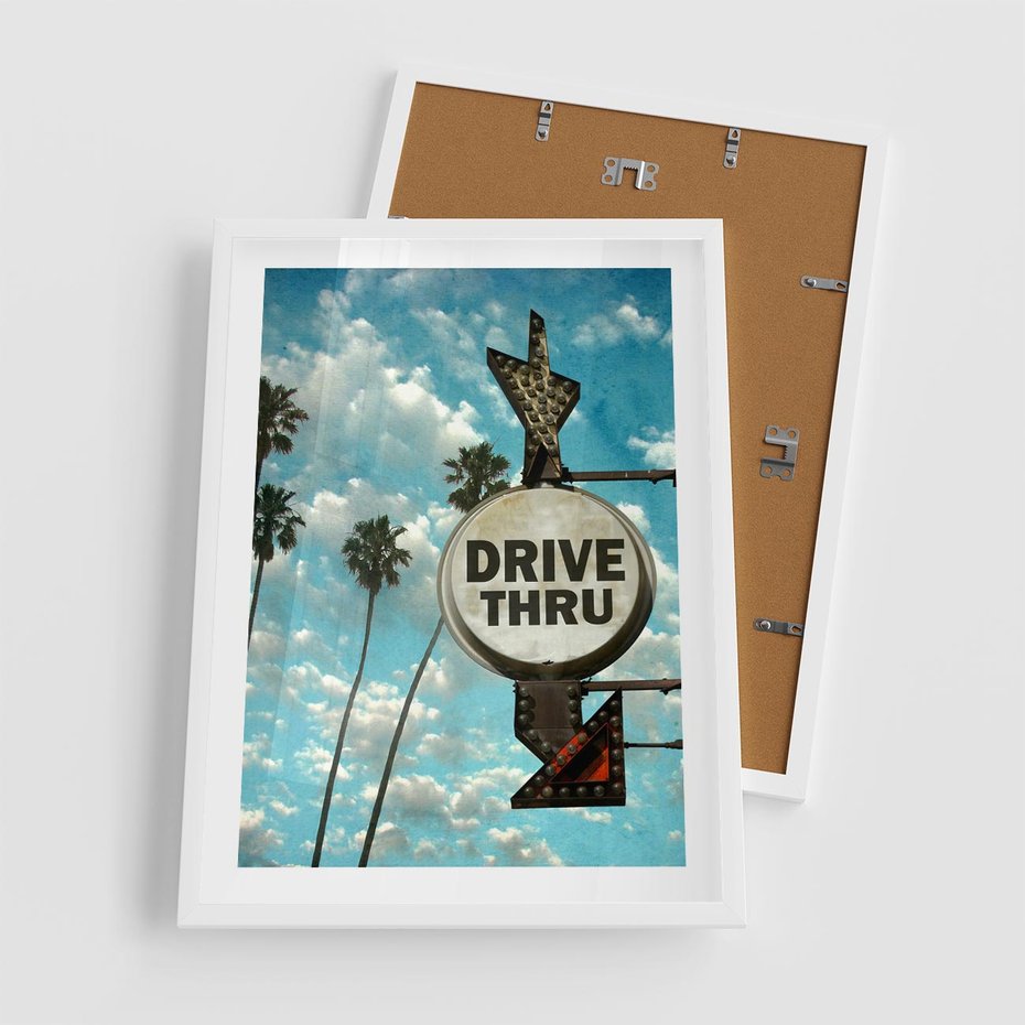 Plakat w ramie 50x70 - Znaki Palm: Relaksująca Oaza - znak, palmy - rama biała