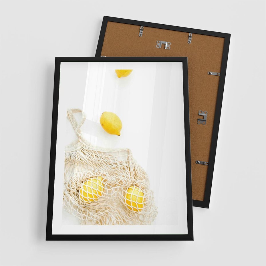 Plakat w ramie 50x70 - Cytrynowa Siatka - cytryny, materiałowa siatka - rama czarna