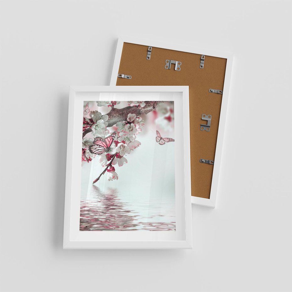 Plakat w ramie 30x40 - Kwiatowa baśń z motylami - kwiaty, motyle - rama biała