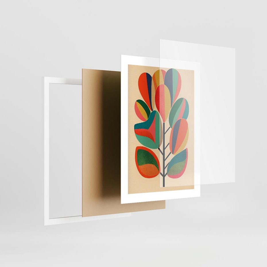 Plakat w ramie 30x40 - Wnętrza Kształtów - abstrakcyjny kolorowy tęczowy obraz, inspiracje roślinne - rama biała