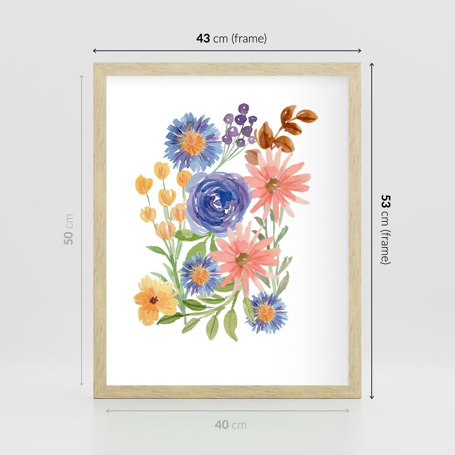 Plakat w ramie 40x50 - Migocące Widoki Kwiatów - akwarelowe polne kwiaty, minimalistyczny plakat - rama drewno