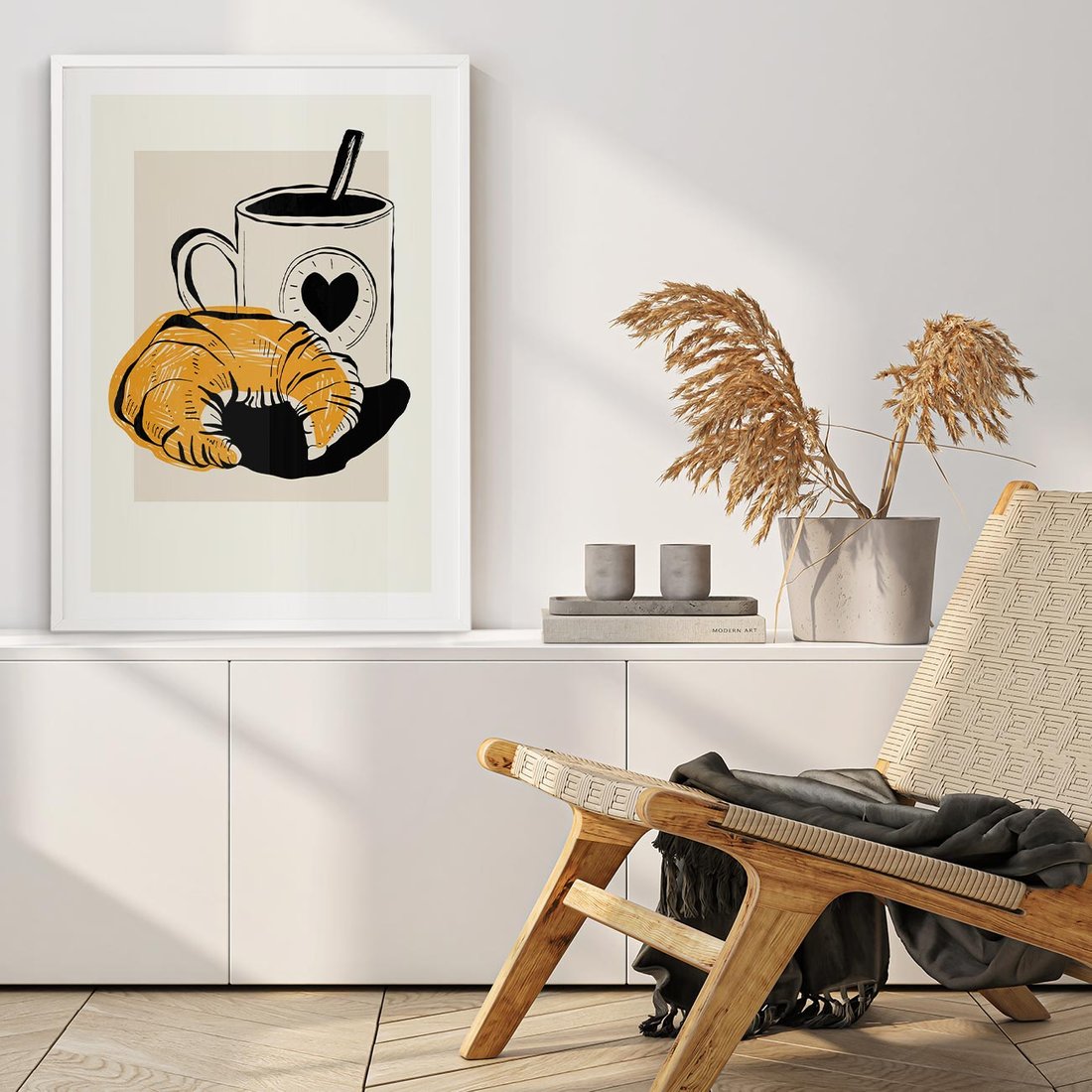 Plakat w ramie 50x70 - Śniadanie z Croissantem - grafika, croisant - rama biała