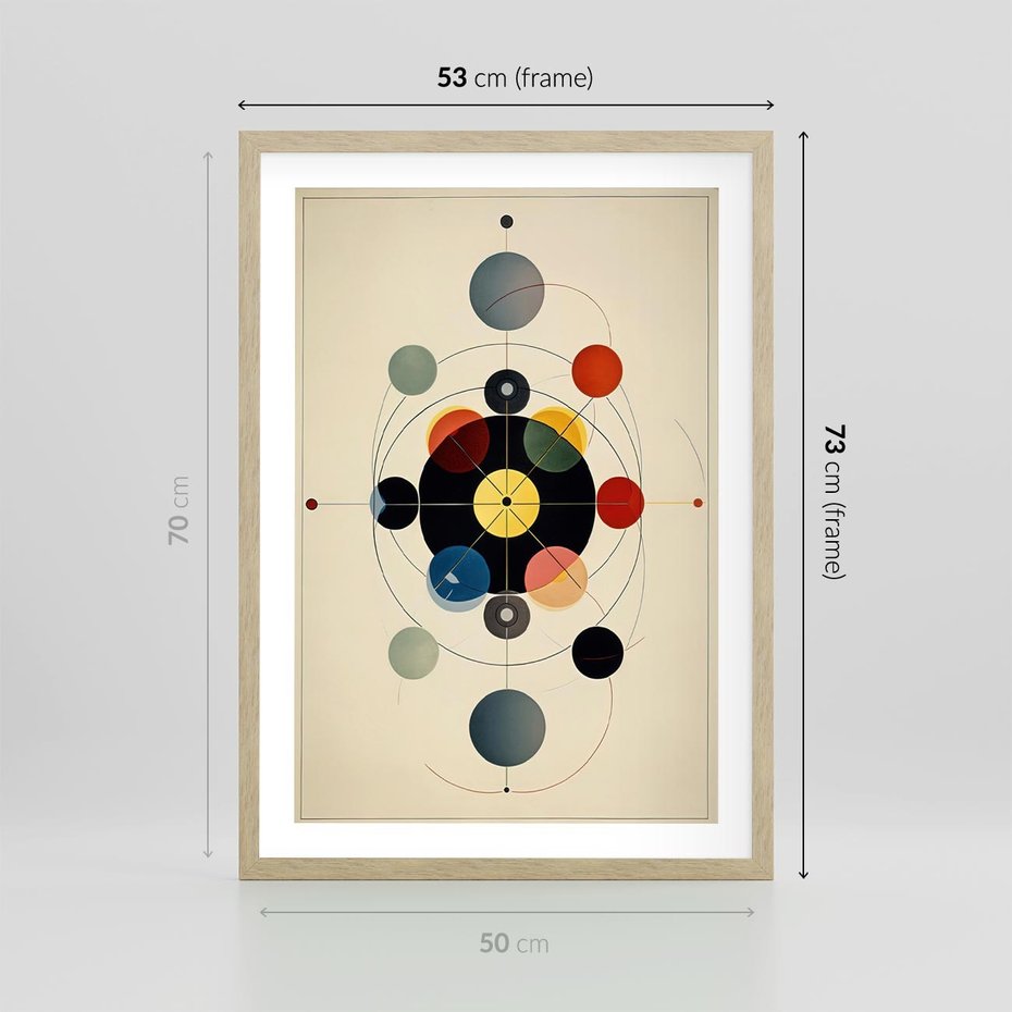 Plakat w ramie 50x70 - Bezgraniczny Taniec Światła - abstrakcyjna geometryczna kompozycja, koła linie - rama drewno