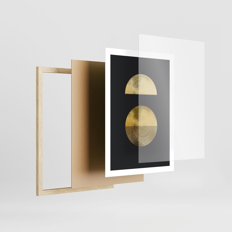 Plakat w ramie 50x70 - Migotliwe Przeniknięcia - złote koła, czarne tło - rama drewno