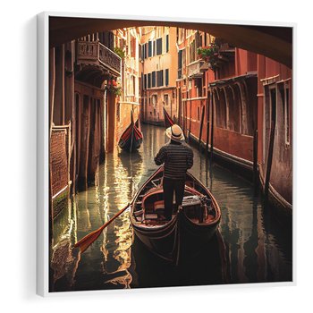 Obraz w ramie 80x80 - Spokojna Wenecja - gondolier w gondoli, kanały Wenecji - rama biała