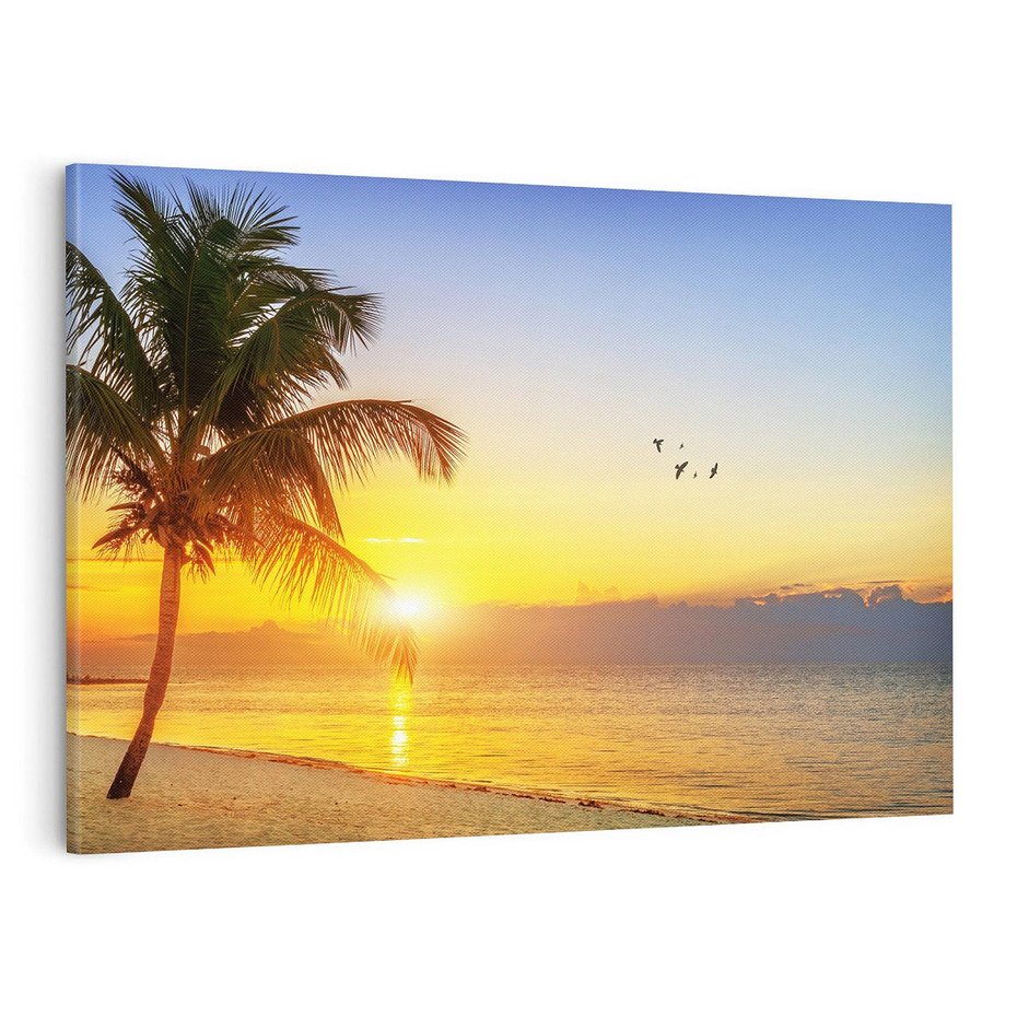 Obraz na płótnie 120x80 - Słońce, plaża i palmy: romantyczny zachód - plaża, zachód