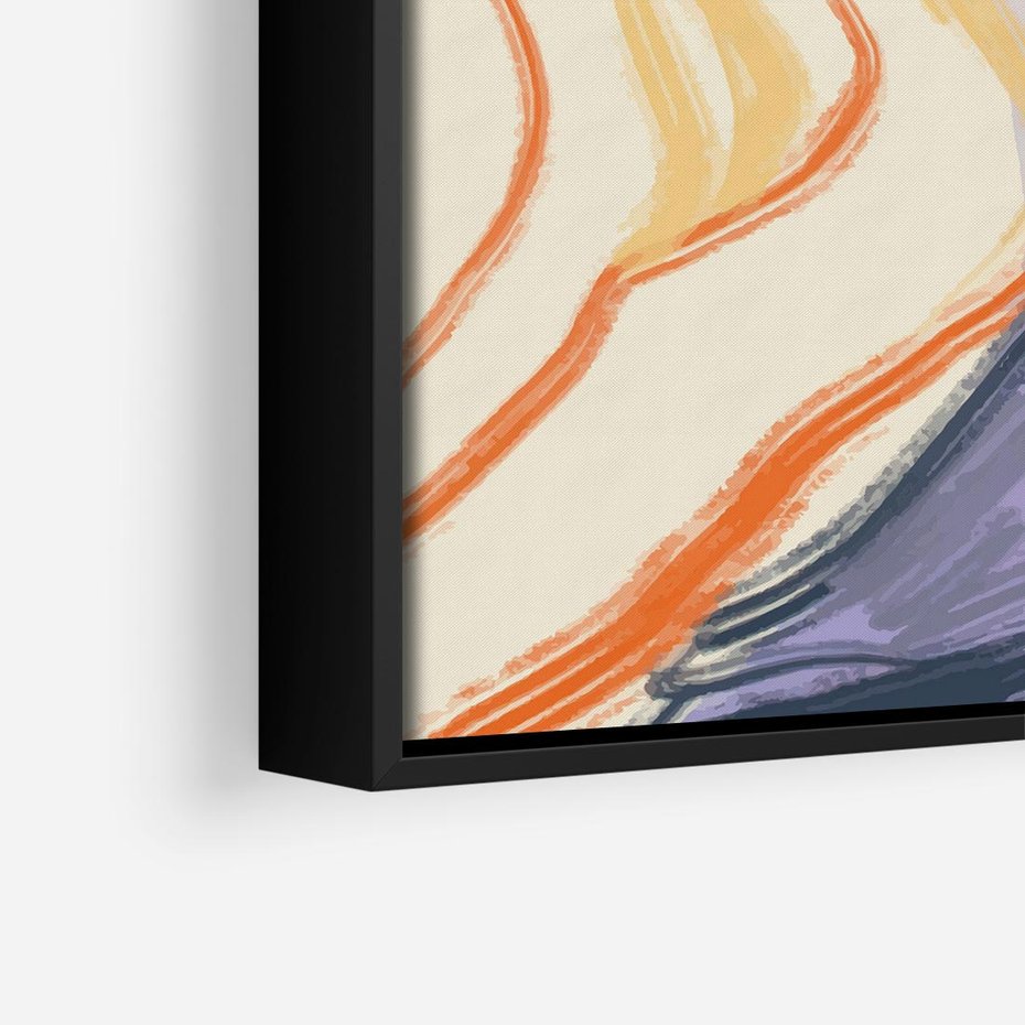 Obraz w ramie 50x50 - Pokreślony Świat - abstrakcyjne formy, odcienie pomarańczu i fioletu - rama czarna