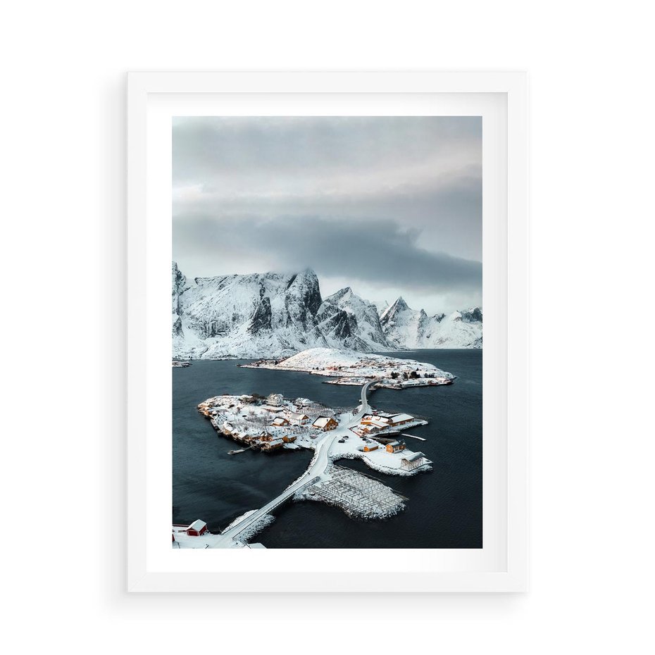 Plakat w ramie 50x70 - Ciepło i Urok Północy - skandynawskie, domki - rama biała