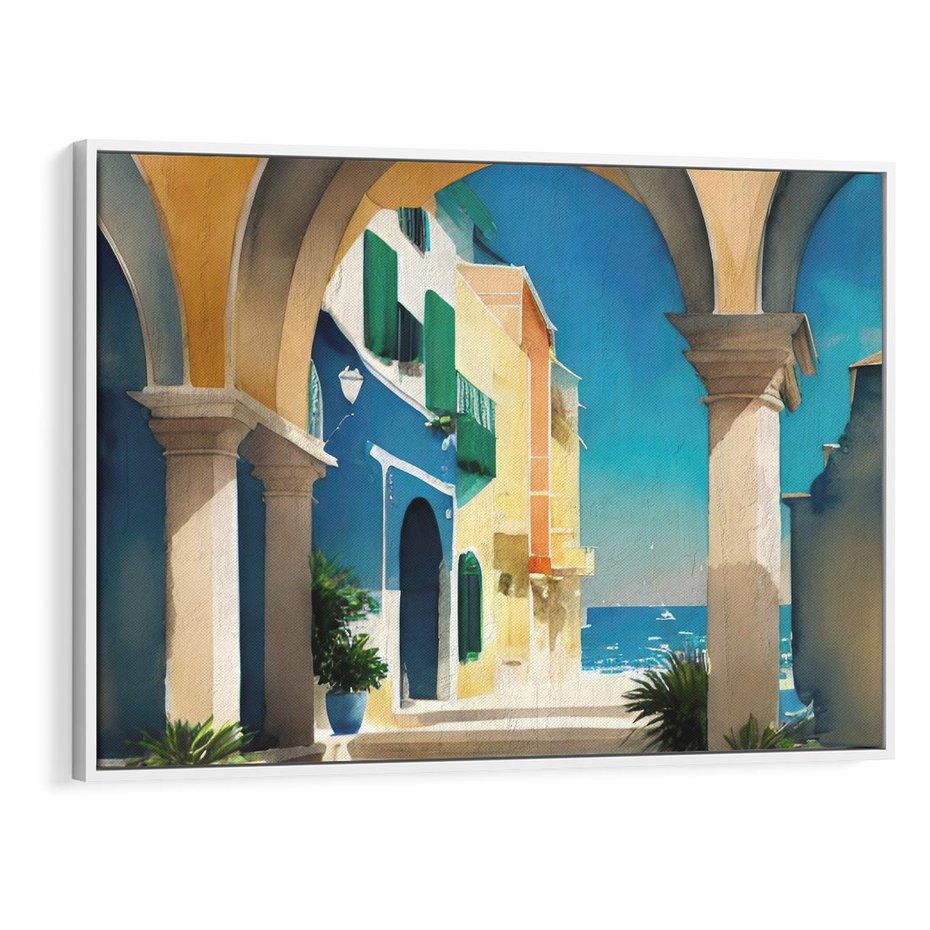 Obraz w ramie 100x70 - Nadmorskie Łuki - akwarela, śródziemnomorski klimat - rama biała