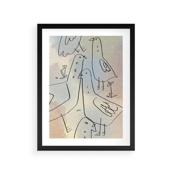 Plakat w ramie 50x70 - Strukturalna Gromada - abstrakcyjny plakat, szkic ptaków - rama czarna