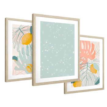 Zestaw obrazy w ramie 50x70 galeria - Monstera, liście, pastelowe, nowoczesne - rama drewno