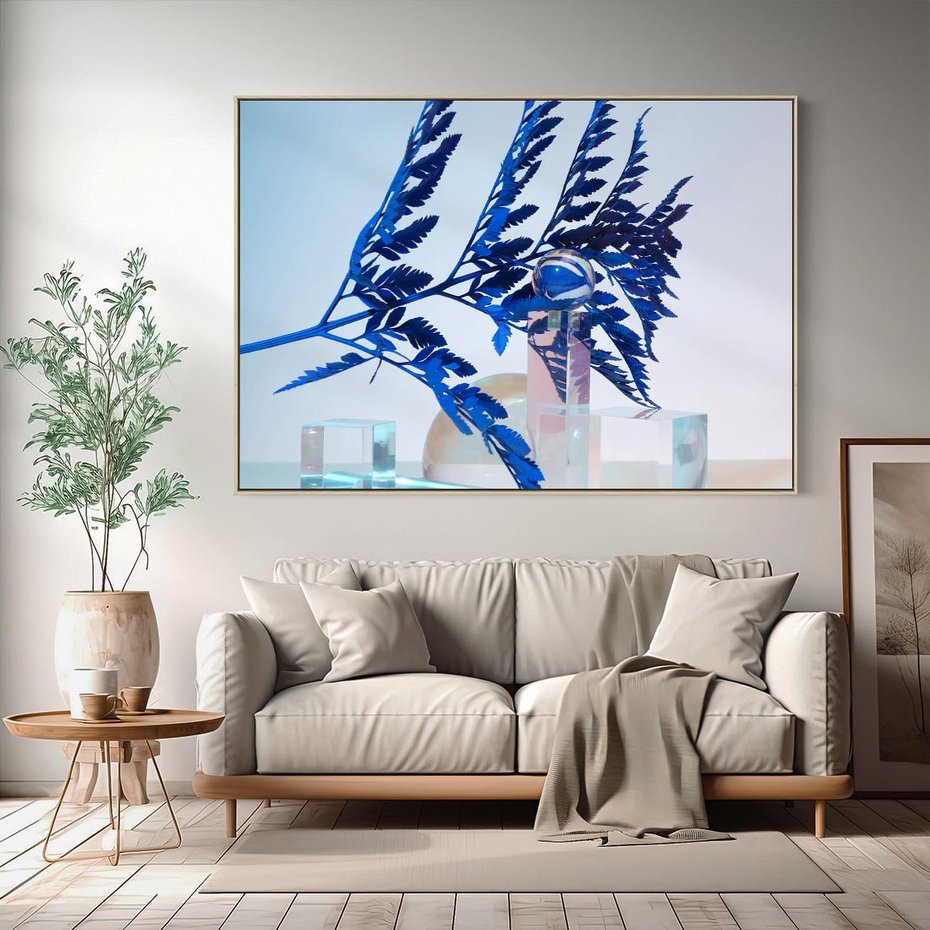 Obraz w ramie 100x70 - Intensywny Kolor Natury - liście, kobalt - rama drewno