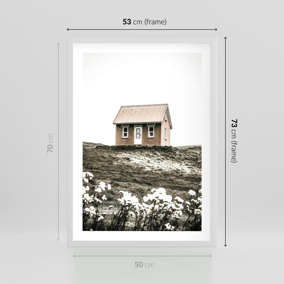 Plakat w ramie 50x70 - Krajobraz z Przeszłości: Kwitnąca Łąka w Sepii - domek na wzgórzu, kwitnąca łąka - rama biała