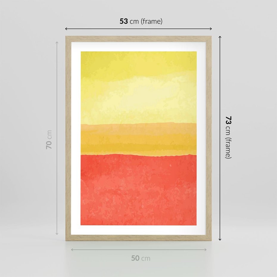 Plakat w ramie 50x70 - Rozmyte Odbicia - kolorowe akwarelowe pasy, odcienie żółci i czerwieni - rama drewno