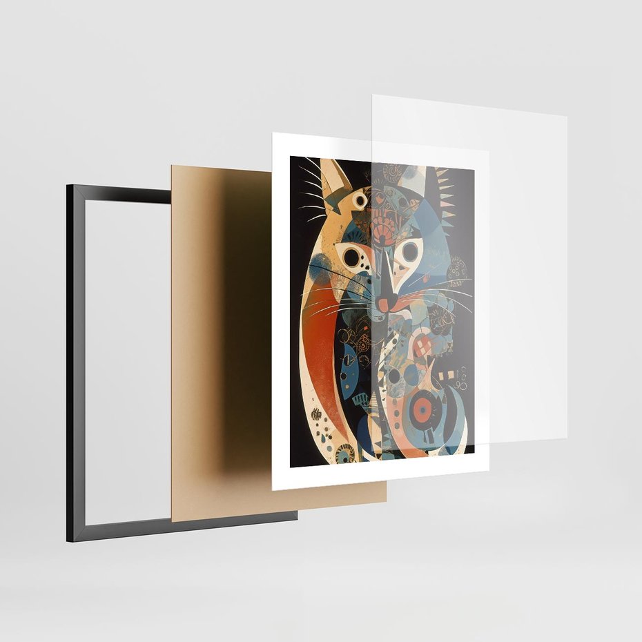 Plakat w ramie 40x50 - Księga Surrealnych Wymiarów - abstrakcyjny obraz olejny, kot - rama czarna