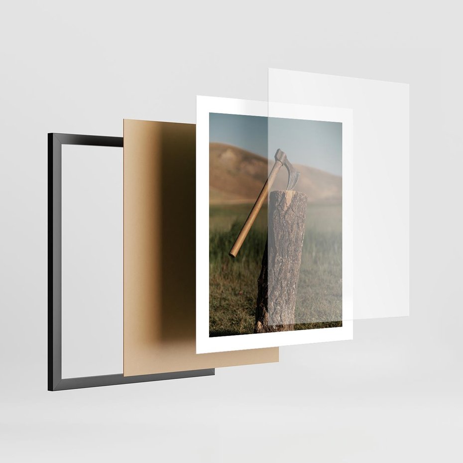 Plakat w ramie 40x50 - Lasowa siła w drewnie - las, siekiera - rama czarna