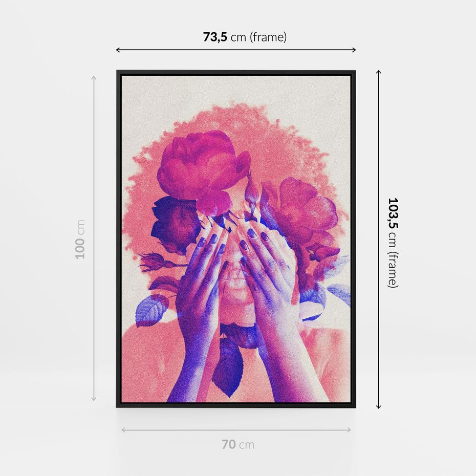 Obraz w ramie 70x100 - Kwiaty we Włosach - różowa postać, grafika - rama czarna