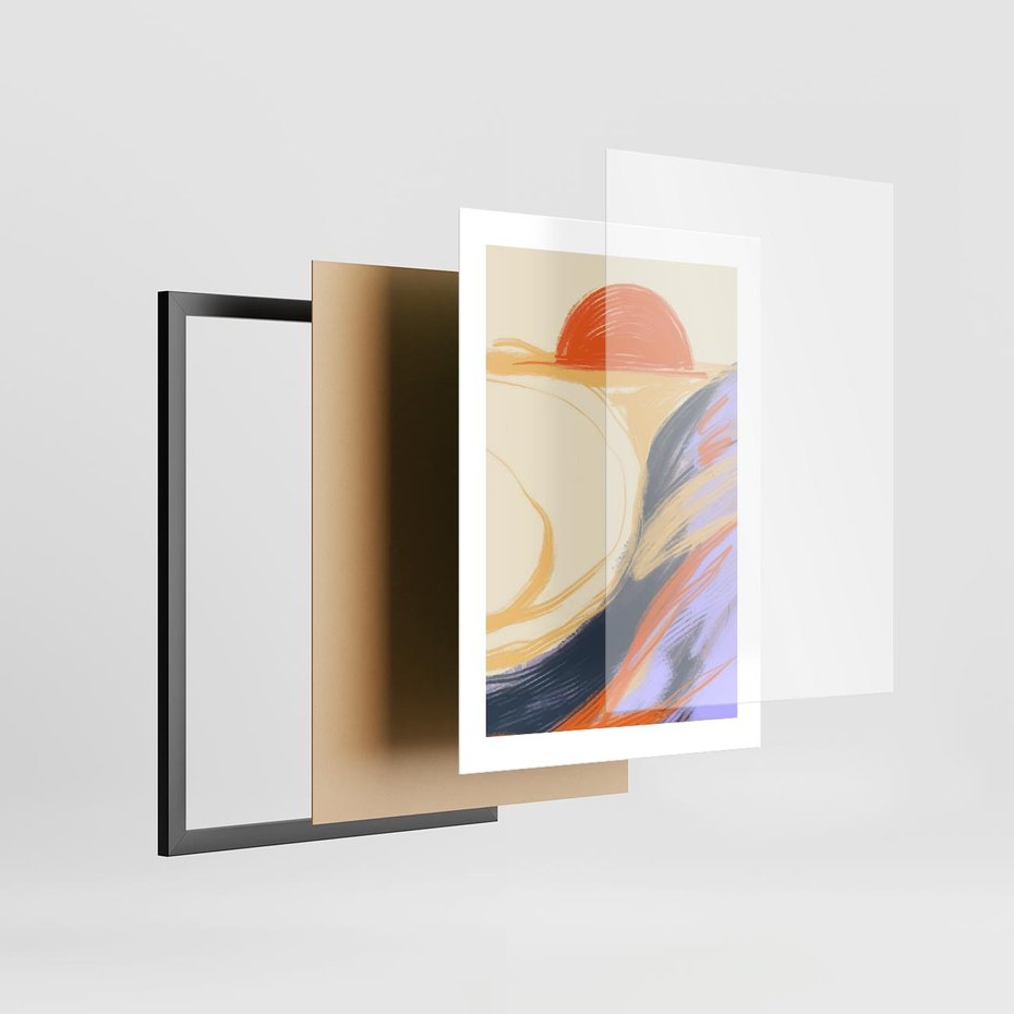 Plakat w ramie 30x40 - Pomarańczowy Horyzont - pastelowy krajobraz, nowoczesny plakat - rama czarna