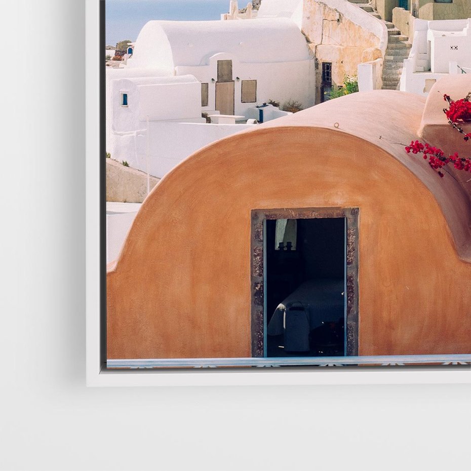 Obraz w ramie 50x50 - Błękit Morza i Białe Domki - Santorini, wyspa - rama biała