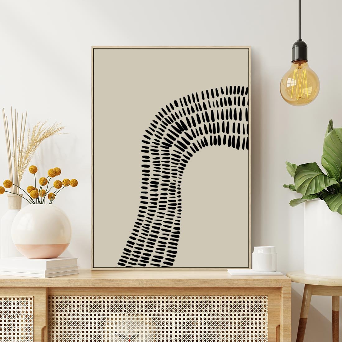 Obraz w ramie 70x100 - Migotliwa Innowacyjna Ekspresja - boho plakat, czarne kropki kreski - rama drewno