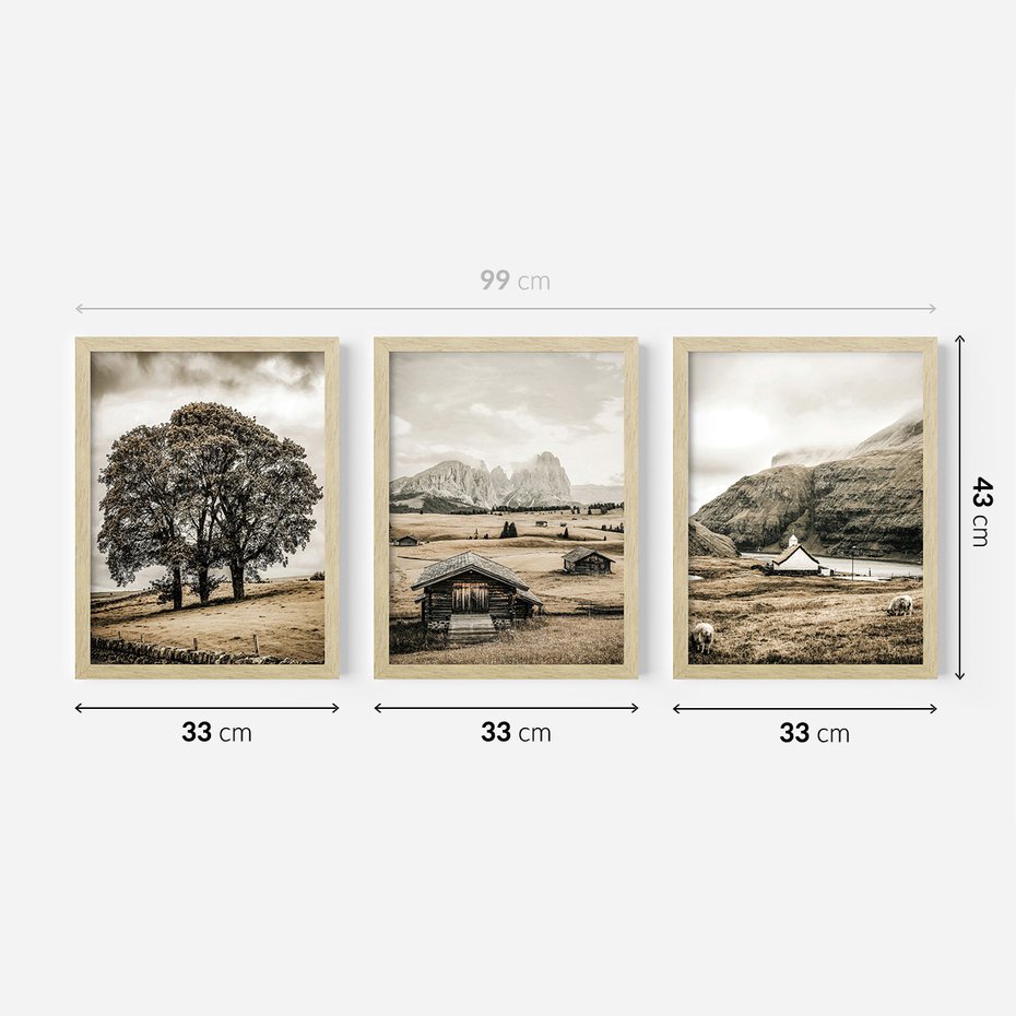 Zestaw obrazy w ramie 30x40 galeria - Górski, krajobraz, sepia - rama drewno