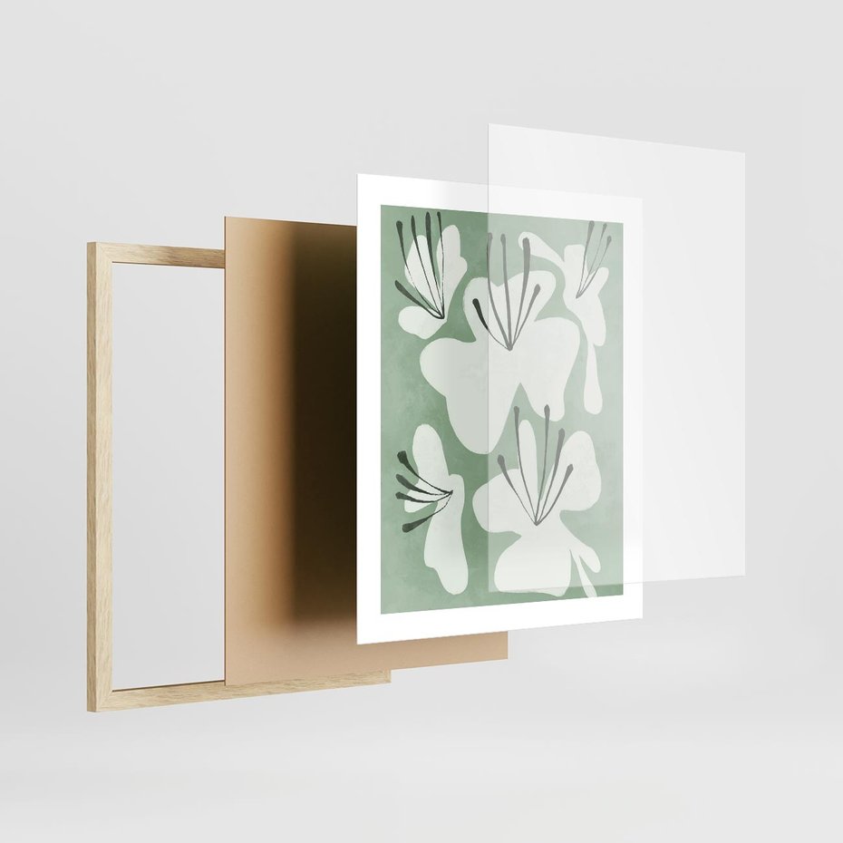 Plakat w ramie 40x50 - Rozkwitające Ukojenie - zgaszona zieleń, kwiaty - rama drewno