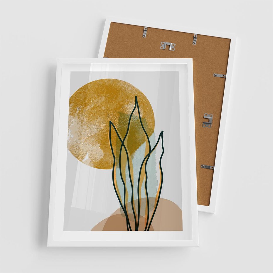 Plakat w ramie 50x70 - Światło Natury: Graficzne Liście i Złote Słońce - grafika, graficzne liście - rama biała