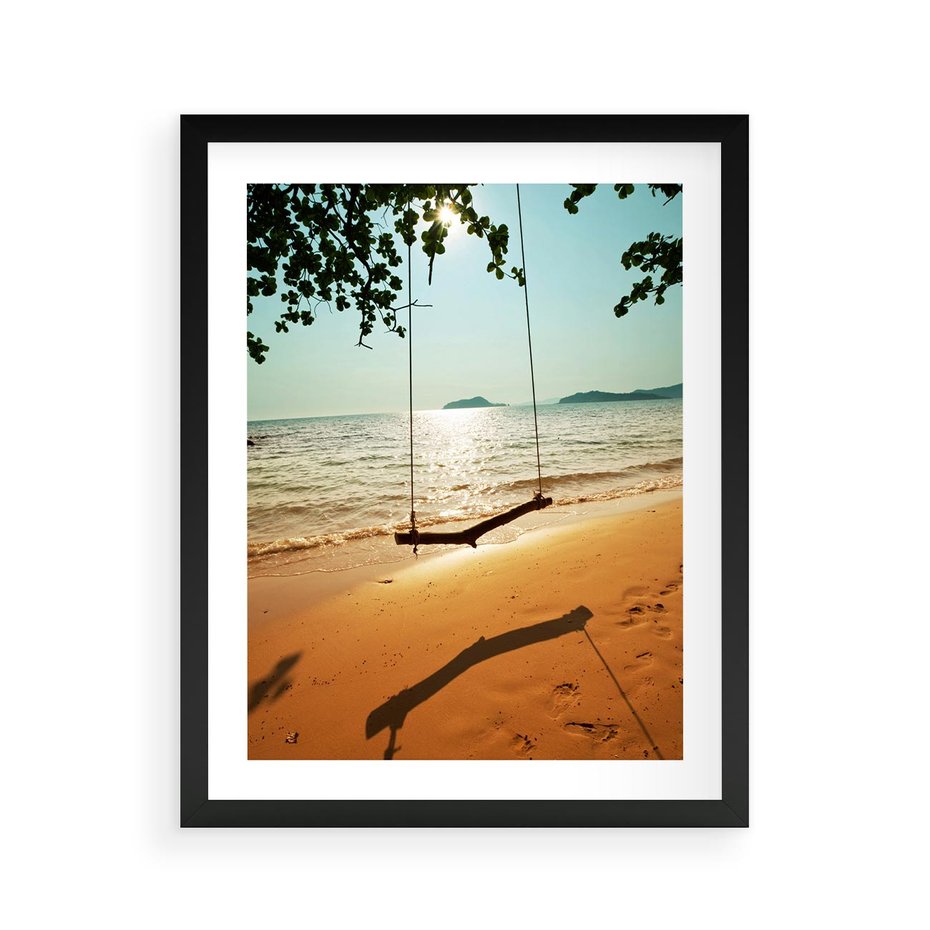 Plakat w ramie 40x50 - Tropikalna plaża i huśtawka - plaża, tropiki - rama czarna