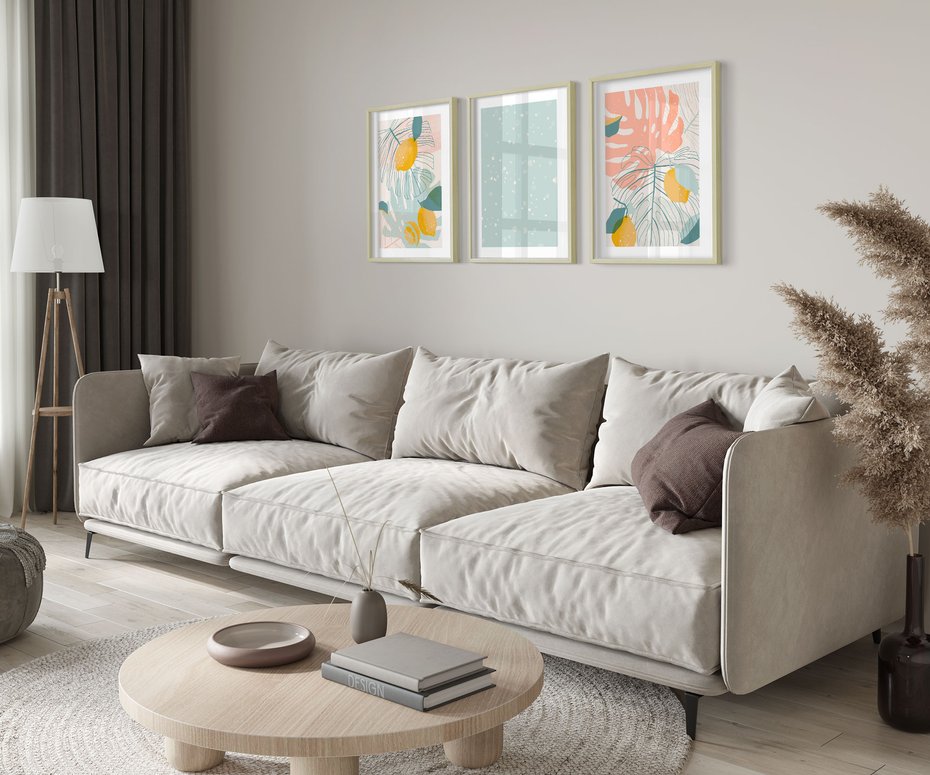 Zestaw obrazy w ramie 50x70 galeria - Monstera, liście, pastelowe, nowoczesne - rama drewno