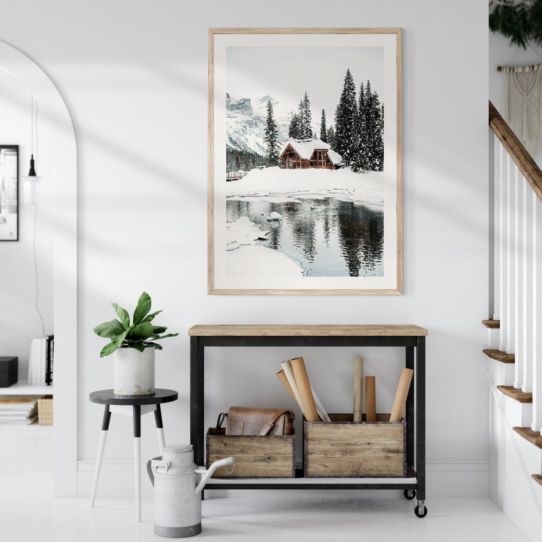 Plakat w ramie 40x50 - Urok Zimowego Krajobrazu - domek w górach, zima - rama drewno
