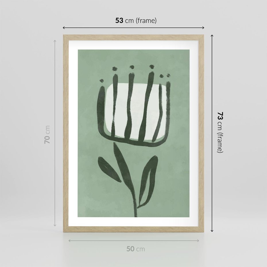 Plakat w ramie 50x70 - Objęcia Zieleni - zielona abstrakcja, zgaszona zieleń - rama drewno