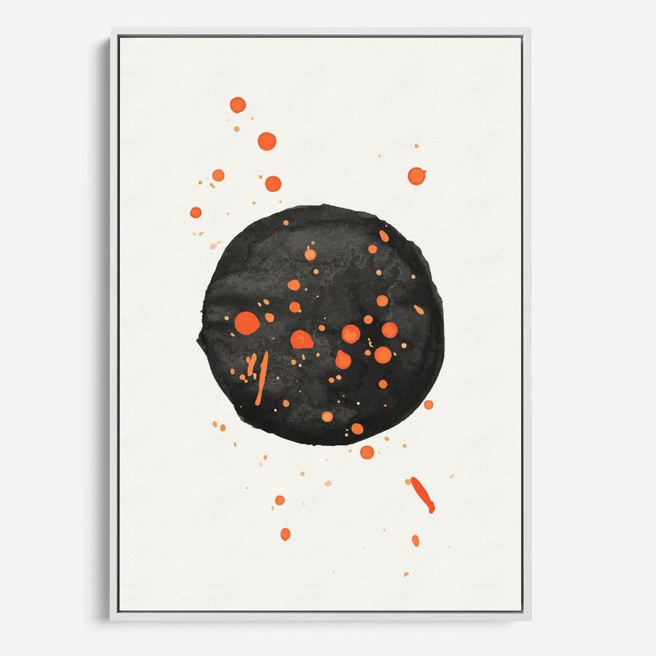 Obraz w ramie 70x100 - Impulsy Kreatywności - abstrakcyjna czarna plama, rozsiane pomarańczowe kropki - rama biała