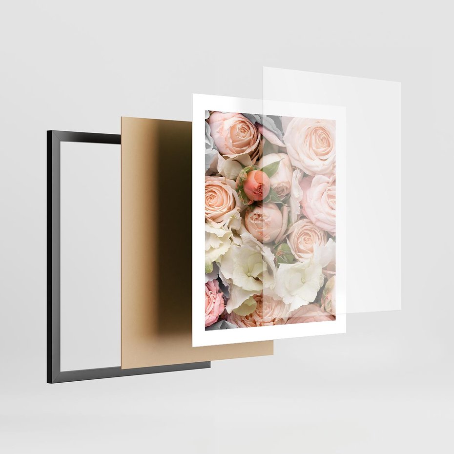 Plakat w ramie 40x50 - Kwiatowy Rarytas: Róże w Herbacianym Zbliżeniu - kwiaty, herbaciane - rama czarna