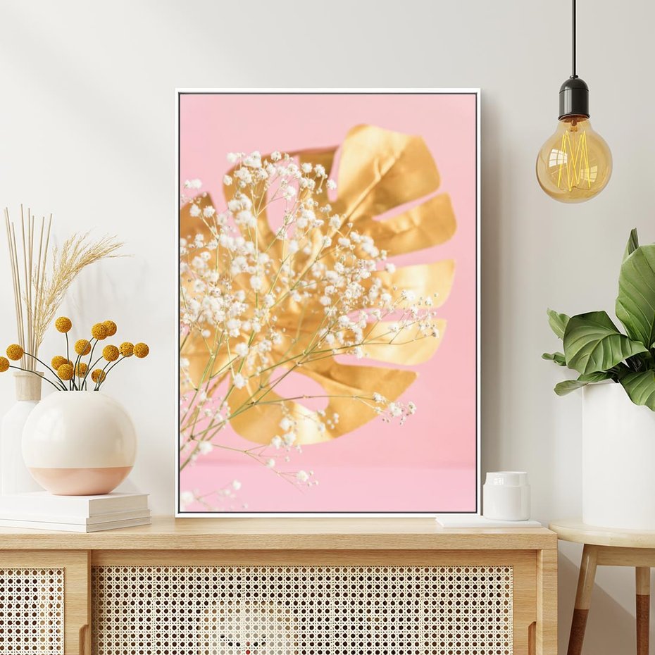 Obraz w ramie 70x100 - : Elegancja w Złocie - złote, liście - rama biała