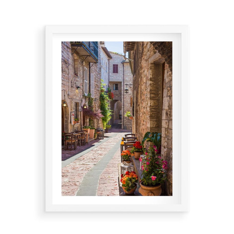 Plakat w ramie 50x70 - Malownicze Zakątki Miasta - uliczka, perspektywa - rama biała