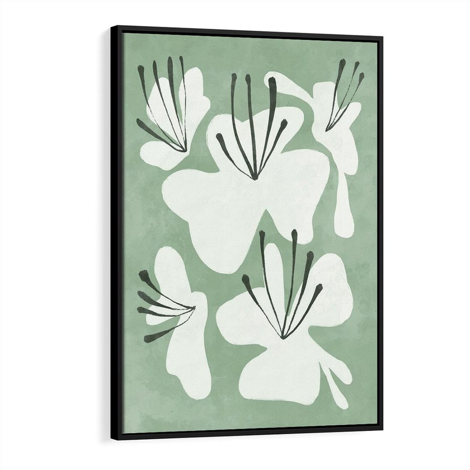 Obraz w ramie 70x100 - Rozkwitające Ukojenie - zgaszona zieleń, kwiaty - rama czarna