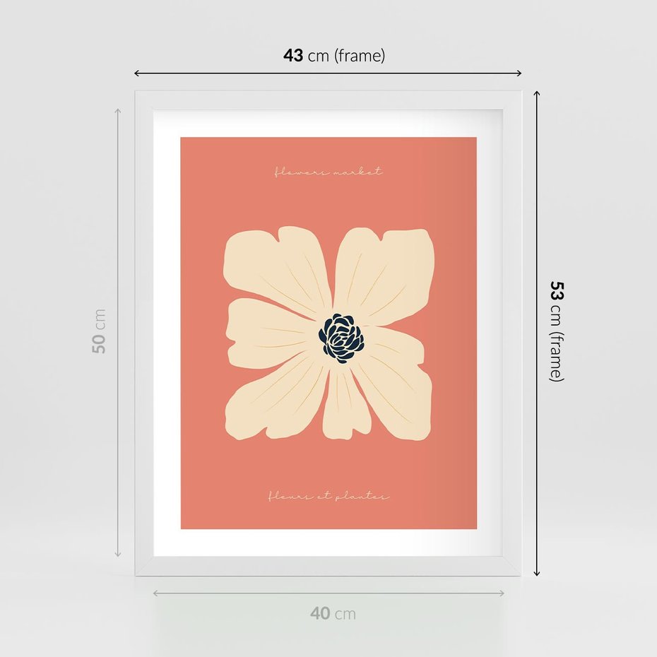 Plakat w ramie 40x50 - Malowane Kolorowe Echa - minimalistyczna grafika, biały kwiat na różowym tle - rama biała
