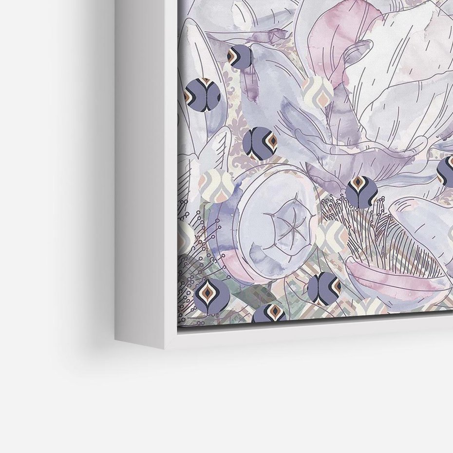 Obraz w ramie 50x50 - Malowane oddechy istnienia - pomieszane tekstury, kwiatowe elementy - rama biała